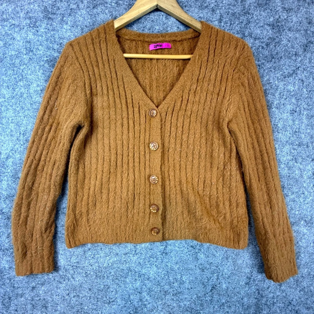 2XTREMZ Splash Fuzzy Y2K Cardigan Sweater Womens Large Brown V-Neck Button Front
